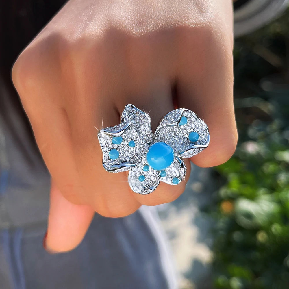 ThreeGraces 2026 New Trendy Synthetic Turquoise Bridal Wedding Evening Party Big Butterfly Ring for Women Bohemian Jewelry RG170