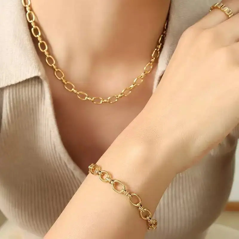 EILIECK 316L Stainless Steel Gold Color Chain Statement Necklace Bracelet For Women Charm Simple Jewelry Bijoux Jewelry Set Gift