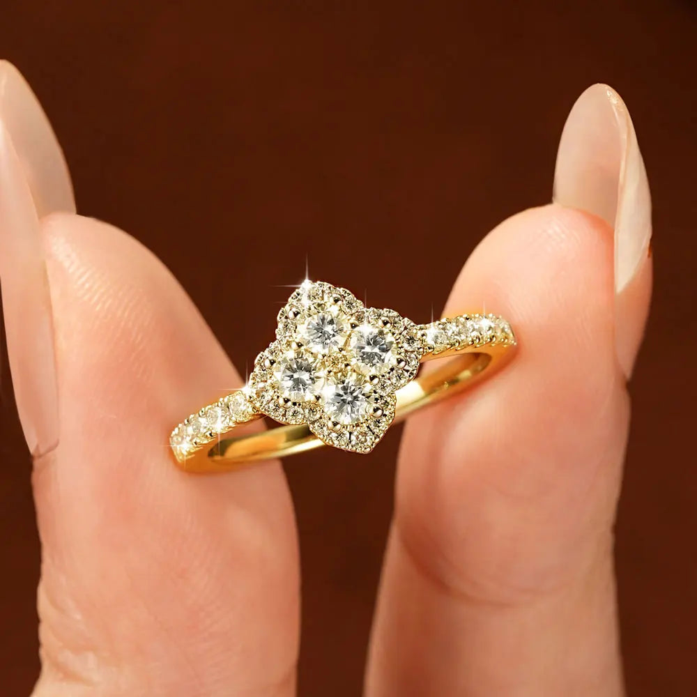 OXTAO Moissanite Four Leaf Flower Ring 3mm D VVS1 for Women Anniversary Gifts 14K Gold Filled Lab Imitation Diamond Wedding Ring