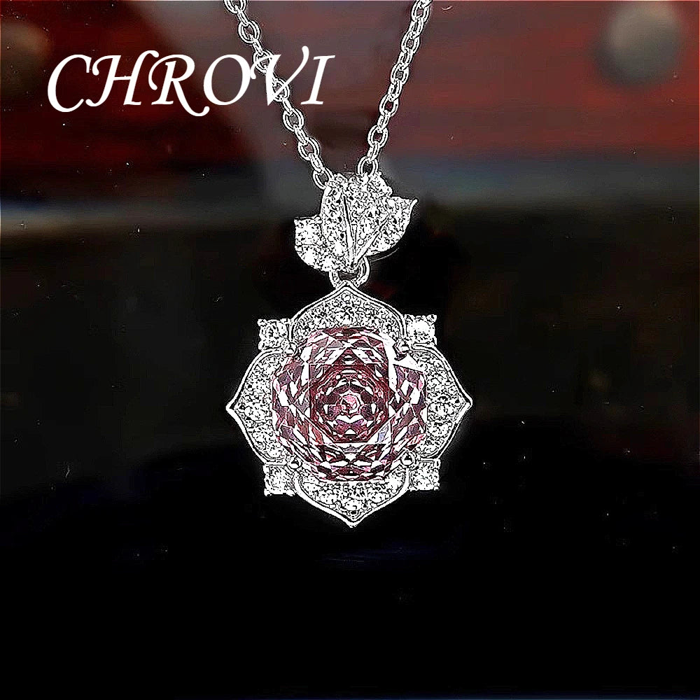 Luxury-Style 925 Sterling Silver Rose Diamond Flower Necklace Pendant Earring Ring Women's Set