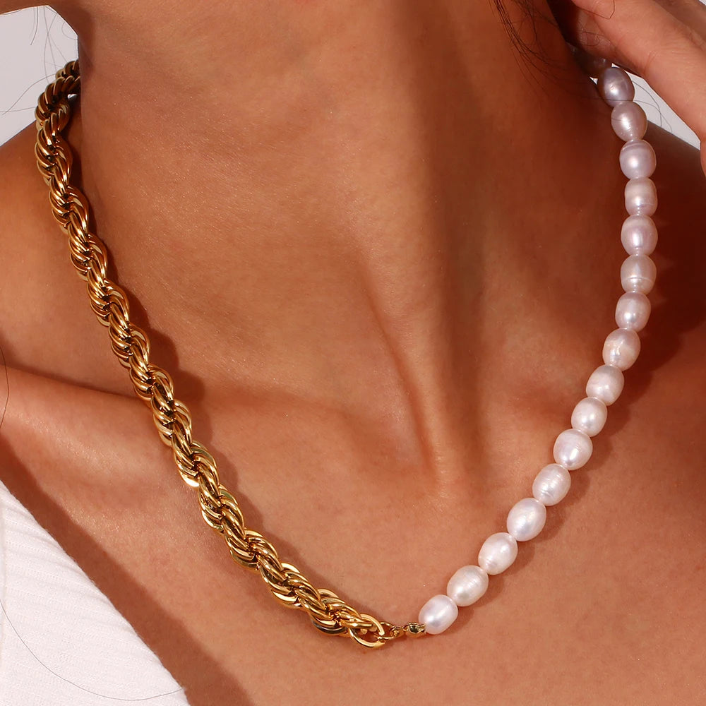 E.B.belle Bold Twisted Rope Chain Splicing with Freshwater Pearl Chunky Chain Necklace Jewelry On The Neck For Women