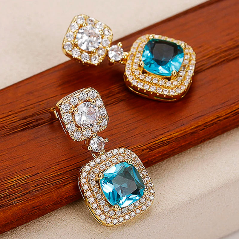 Huitan Luxury Gold Color Blue CZ Dangle Earrings Engagement Wedding Party Noble Women's Ear Accessories New Fashion Jewelry 2022