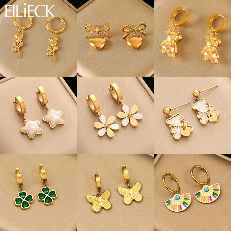 EILIECK 316L Stainless Steel Flower Butterfly Bear Drop Earrings For Women Fashion Ear Dangle Eardrop Jewelry Party Gift Bijoux
