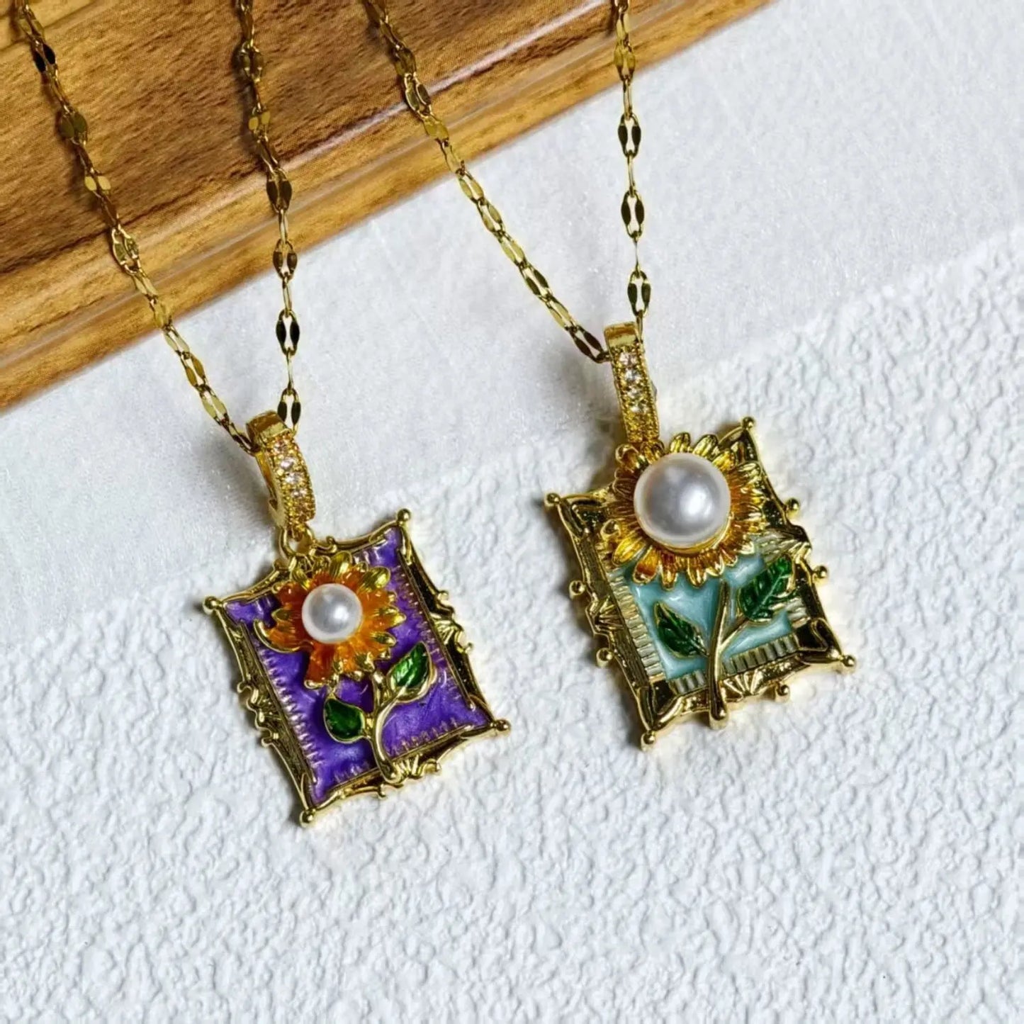 Monet Garden Sunflower Enamel Necklace Earring Set with Ancient Style, High Grade, Fashion Style, Clavicle Stainless Steel