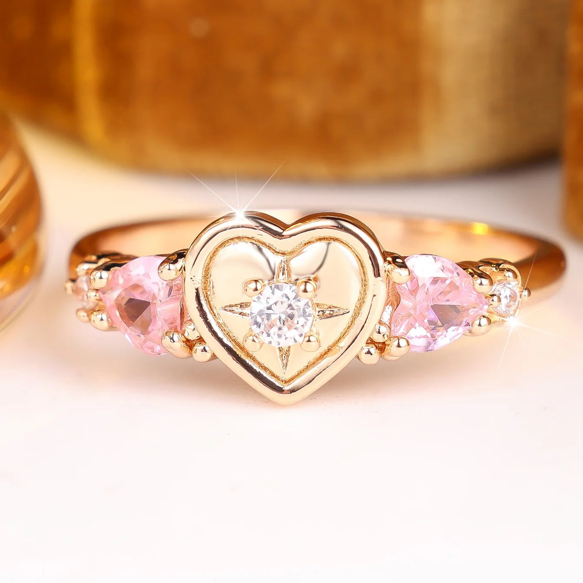Small Cute Female Pink Heart Zircon Stone Round Ring Gold Color Wedding Jewelry For Women