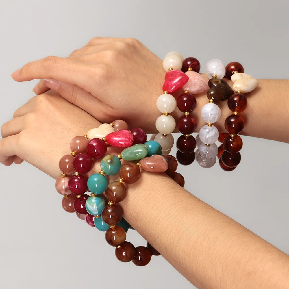 Trendy Acrylic Round Heart Beads Elastic Bangle Bracelets Resin Colorful Geometric Beaded Stretch Bracelet Women Charm Jewelry