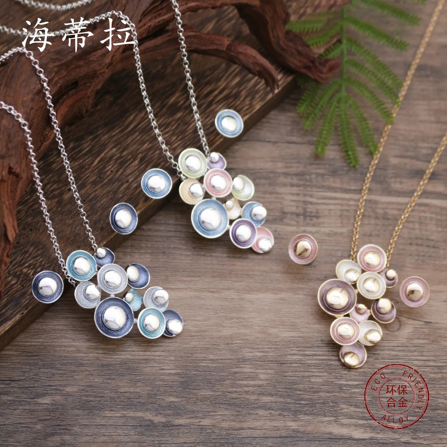 new enamel color round flower stud earrings pendant set, women's high-end glossy enamel color necklace