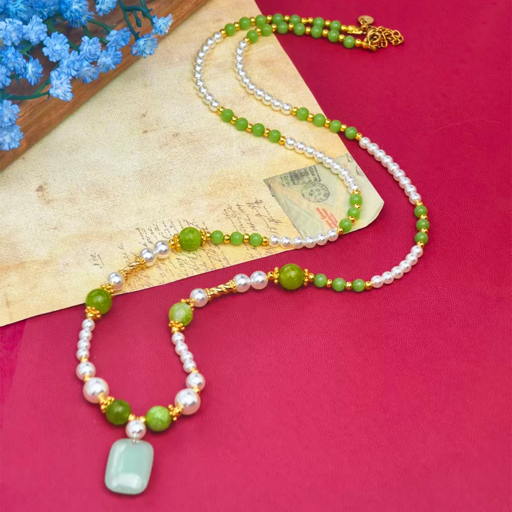 NEW Green stone Beaded Pearl Necklace for Women Golden Lucky Pendant Necklace Boho Vintage Wedding Party Daily Wear Jewelry Gift