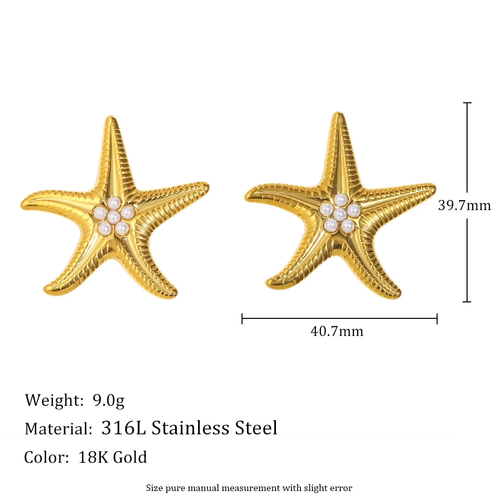 E.B.belle Exaggertaed Summer Beach Imitation Pearl Starfish Stud Earrings 18k Gold Plated Stainless Steel Holiday Women Jewelry