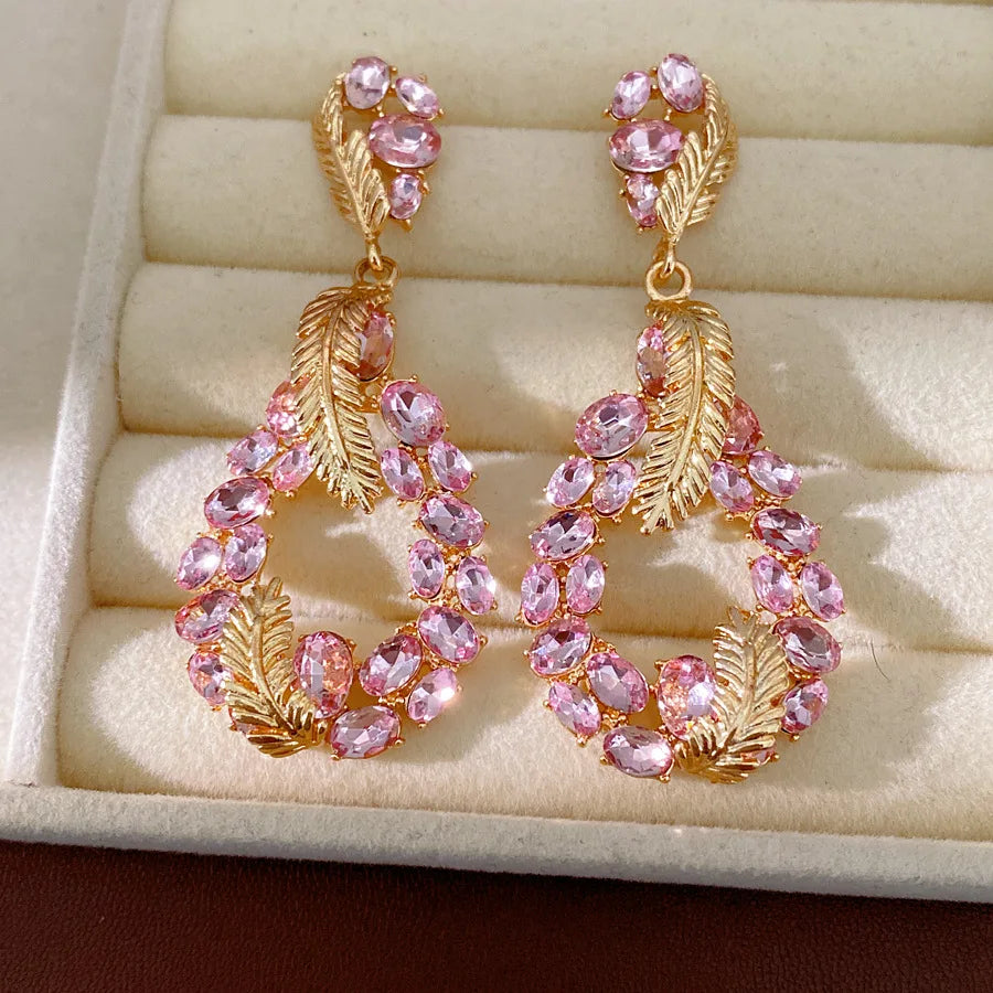Vintage Rhinestone Inlaid Feather Drop Earrings Retro Style Light Luxury High Grade Elegant Exquisite Stud Ear Jewelry For Women