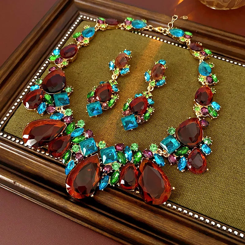 1/2 Pcs Luxury Shiny Rhinestone Choker Necklaces Earrings Set Women Vintage Geometric Bridal Weddings Jewelry Set Banquet N