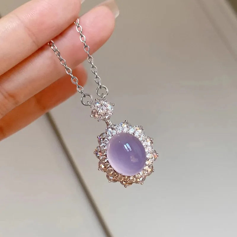 Huitan Aesthetic Women Purple Imitation Opal Pendant Necklace for Party Wedding Elegant Charming Accessories Jewelry Inlaid CZ