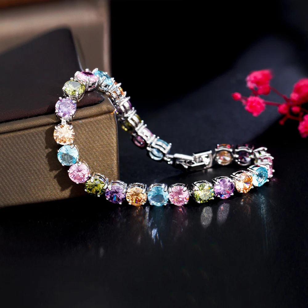 ThreeGraces Shiny Multicolor Cubic Zirconia Fashion Round CZ Tennis Bracelet for Women New Trendy Daily Party Jewelry BR388