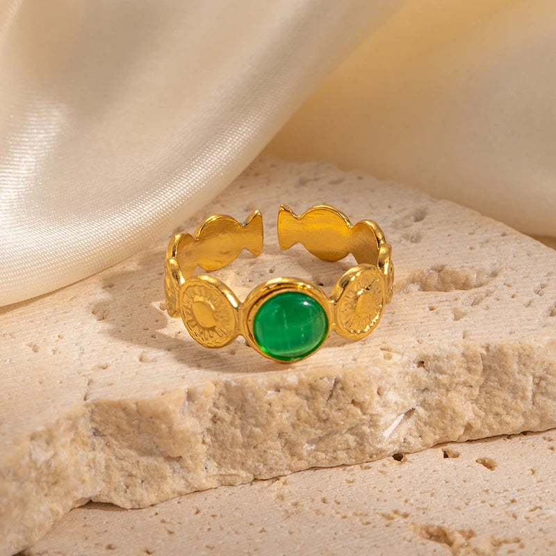 ANENJERY 316L Stainless Steel Colorful Stone Round Card Sun Open Ring for Women Men Niche Special Jewelry Gifts Wholesale