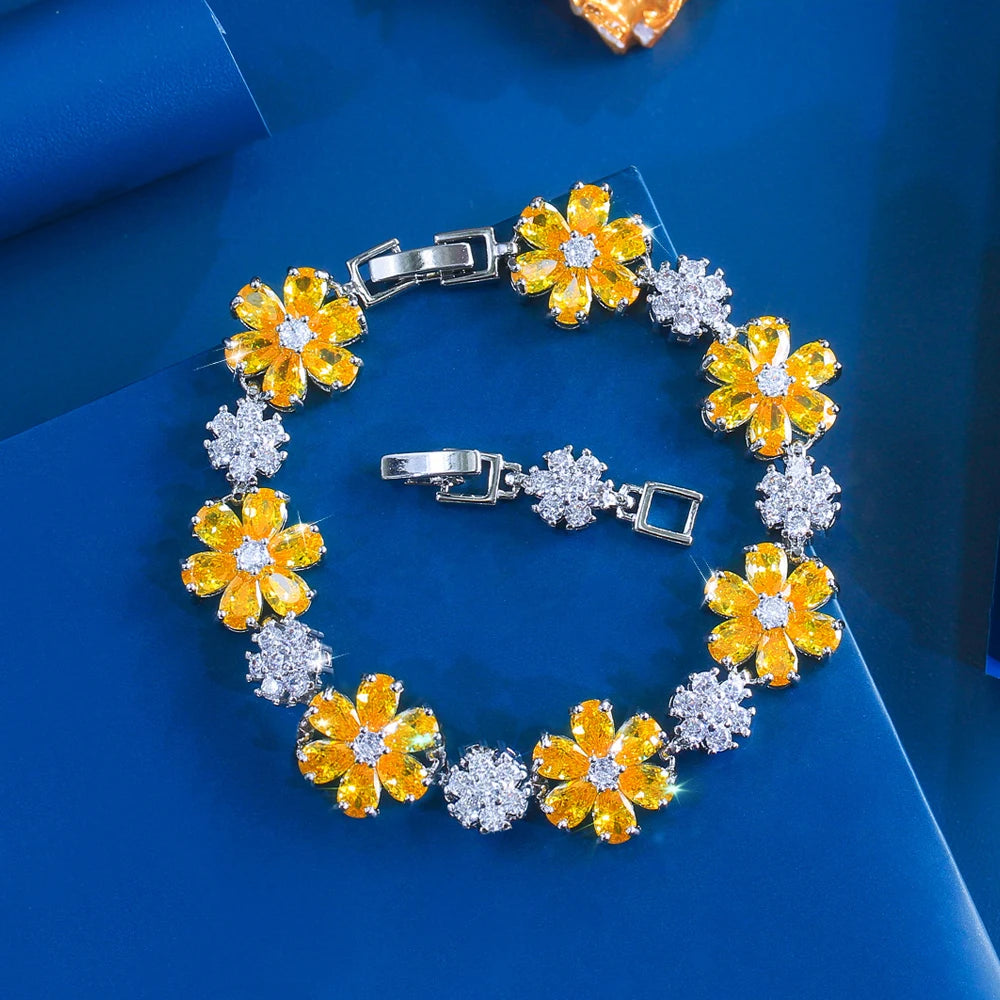 ThreeGraces Fashion Shiny Cubic Zirconia Blue Pink Flower Charms Designer Bridal Bracelet for Women Daily Party Jewelry B608