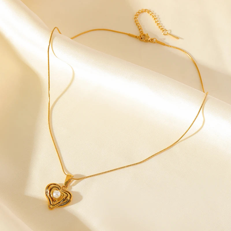 EILIECK New Fashion Stainless Steel Metal Heart Pearl Necklace Earrings For Women Trendy Gold Color Waterproof Jewelry Set Gift