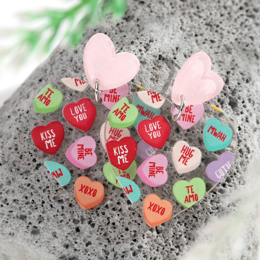 Sweet Acrylic Heart Love Message Drop Earrings for Women Resin Heart Shape Pendant Earrings Valentines Day Gifts
