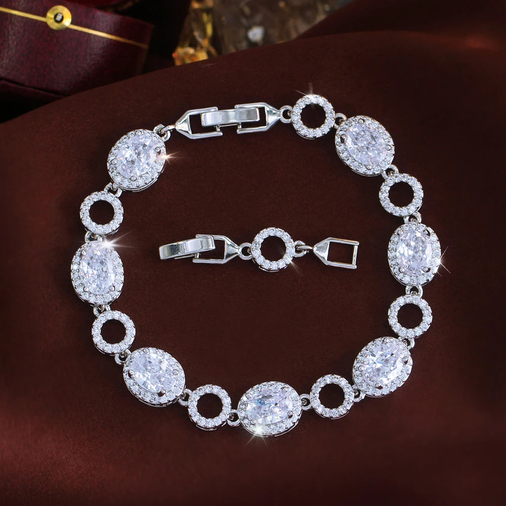 ThreeGraces Elegant Shiny White Oval Zirconia Bridal Wedding Party Geometric Ellipse Link Chain Bracelet Jewelry for Women BR471
