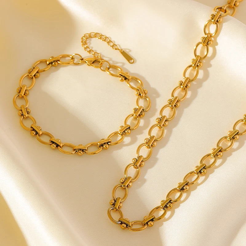 \EILIECK Stainless Steel Metal Gold Color Chain Necklace Bracelet For Women New Fashion Waterproof Collar Jewelry Set Gift Party