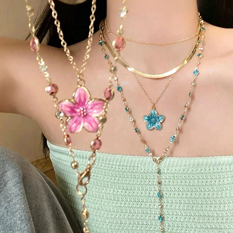 4Pcs/Set Summer Flower Pendant Multi Layer Crystal Pearl Gold Color Chain Necklace Sets For Women 2026 Trendy Boho Neck Jewelry