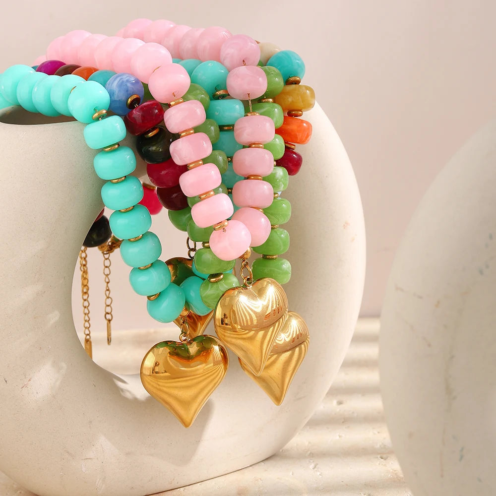 E.B.belle Candy Color Bead Heart Charm Necklaces Colorful Dopamine Resin Chain Necklace Tarnish Y2K Fashion Women Jewelry
