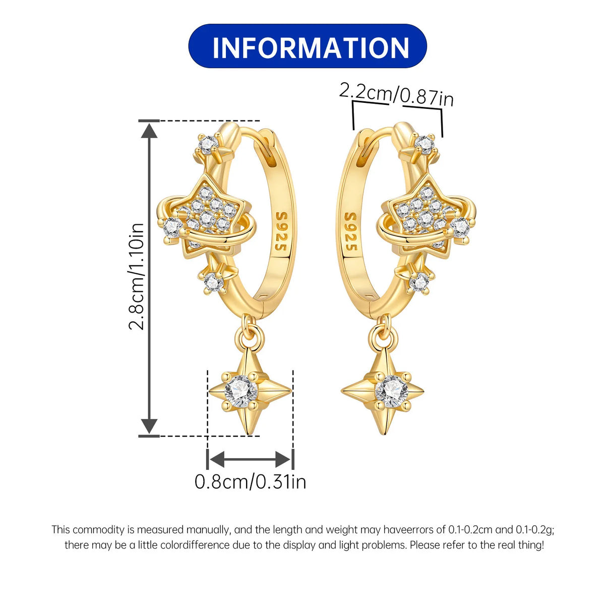Orstarry 925 Sterling Silver Sparkling Blue Star Planet Drop Earrings Women Earrings Charm Trend Versatile Party Jewelry Gifts