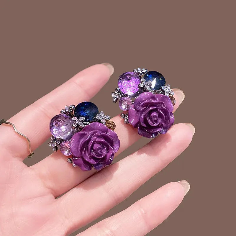 Charming Purple Crystal Flower Stud Earrings For Women Korean Fashion Romantic Rhinestone Rose Earrings Wedding Party Jewelry