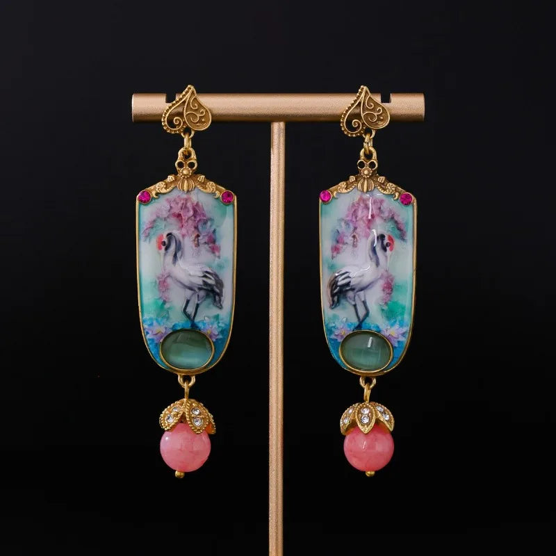 Retro Chinese Style Women Earrings Enamel Painted Cat's Eye Stones Fashion Jewelry Elegant Versatile Aretes De Mujer
