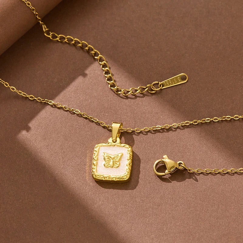 ANENJERY 316L Stainless Steel Butterfly Square Card Pendant Necklace For Women Simple Clavicle chain Elegant Jewelry Gifts