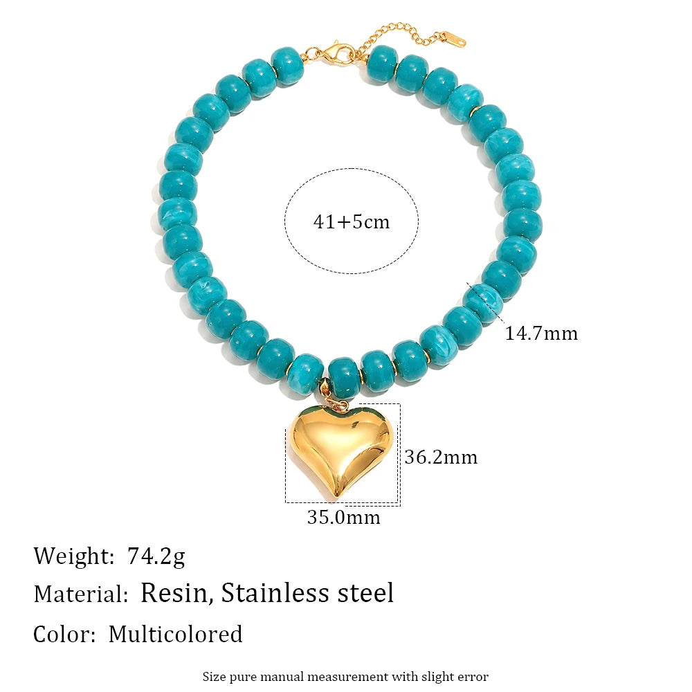 E.B.belle Candy Color Bead Heart Charm Necklaces Colorful Dopamine Resin Chain Necklace Tarnish Y2K Fashion Women Jewelry