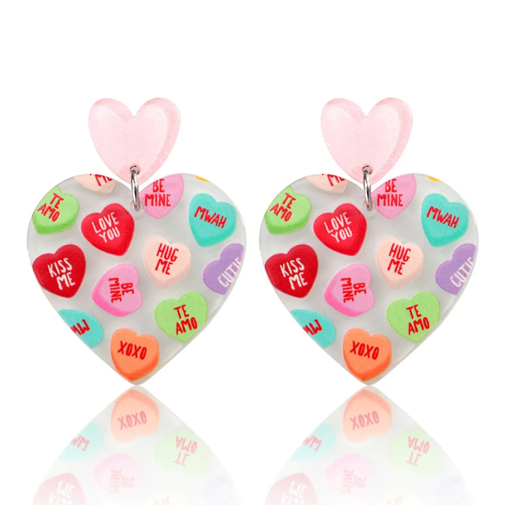Sweet Acrylic Heart Love Message Drop Earrings for Women Resin Heart Shape Pendant Earrings Valentines Day Gifts