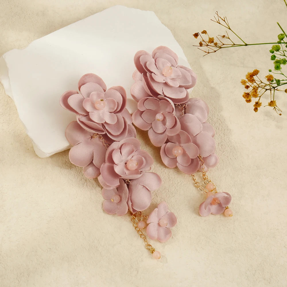Badu Bohemia Fabric Flower Dangle Long Earrings for Women Luxury Design Wedding Party Elegant Jewelry 2024