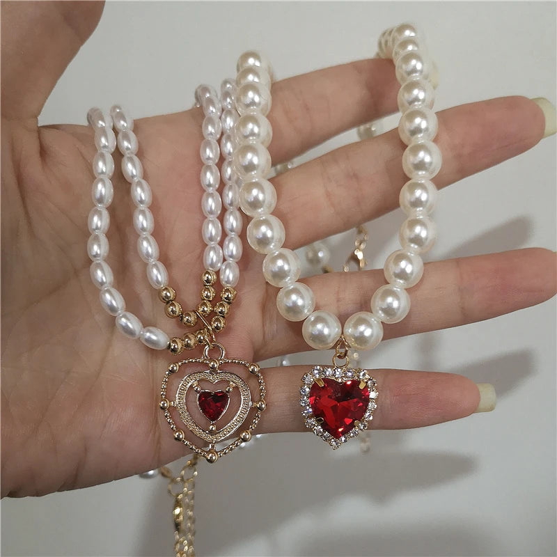 Kpop Vintage Baroque Red Crystal Heart Pendant Pearl Chain Necklace For Women Jewelry Wedding Christmas Gift Y2K Accessories