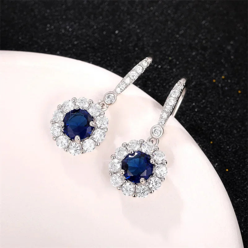 Elegant Round Flower Blue Zircon Sterling Silver Dangle Earrings Dazzling CZ Women Wedding Accessories Fashion Earrings