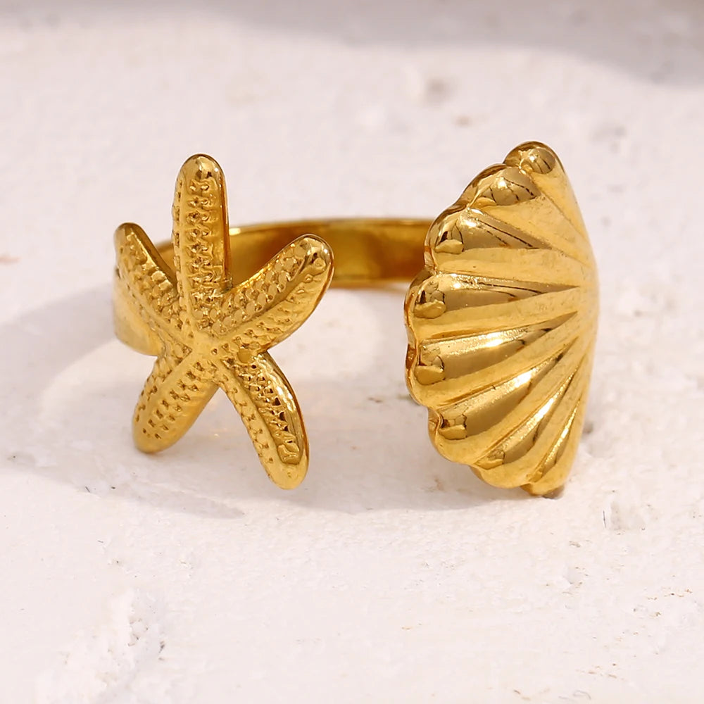 E.B.belle Personality Shell Starfish Opening Rings for Women New Fashion 316L Stainless Steel  PVD Plating Jewelry Decoration