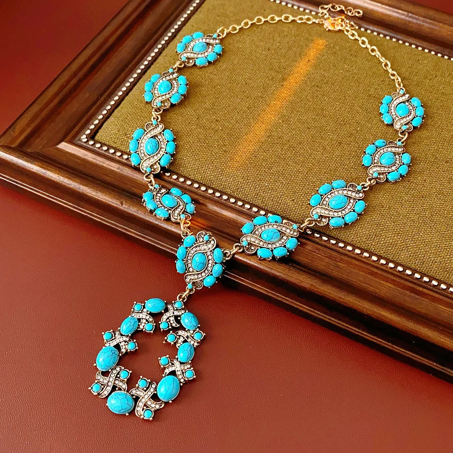 1/2 Pcs Vintage Cross Blue Oval Pendant Neckalces Women Mediaeval High-End Dangle Earrings Statement Banquet Jewelry Sets N