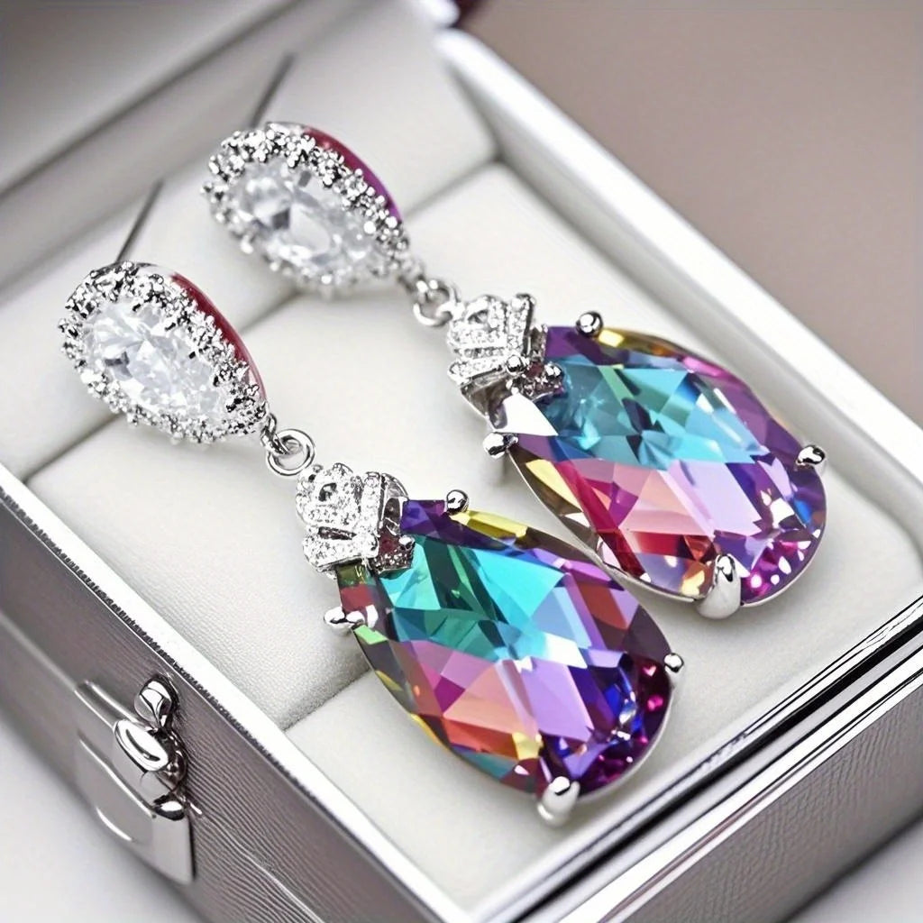 1 Pair Luxury Women's Hanging Earrings Sparkling Synthetic Gemstone Inlaid Fashionable Design for Banquets and Weddings Gifts