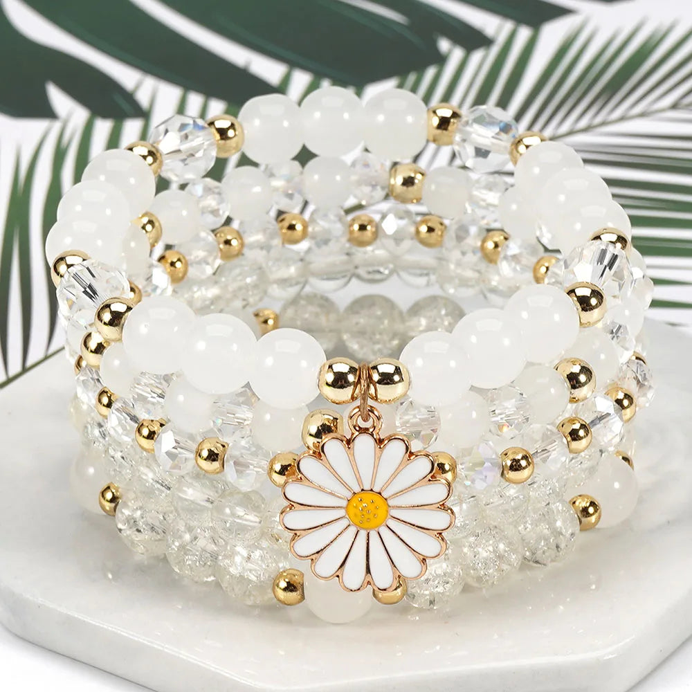 Bohemian Daisy Flower Charm Colorful Crystal Beaded Bracelet Set for Women Summer Beach Hand Jewelry Accessory Boho Wrsit Chains