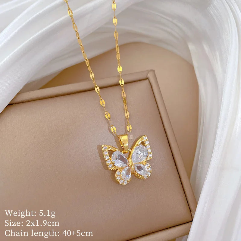 Exquisite Micro Inlaid Zircon Butterfly Tassel Necklace For Women Stainless Steel Moon Butterfly Flower Clavicle Choker Jewelry