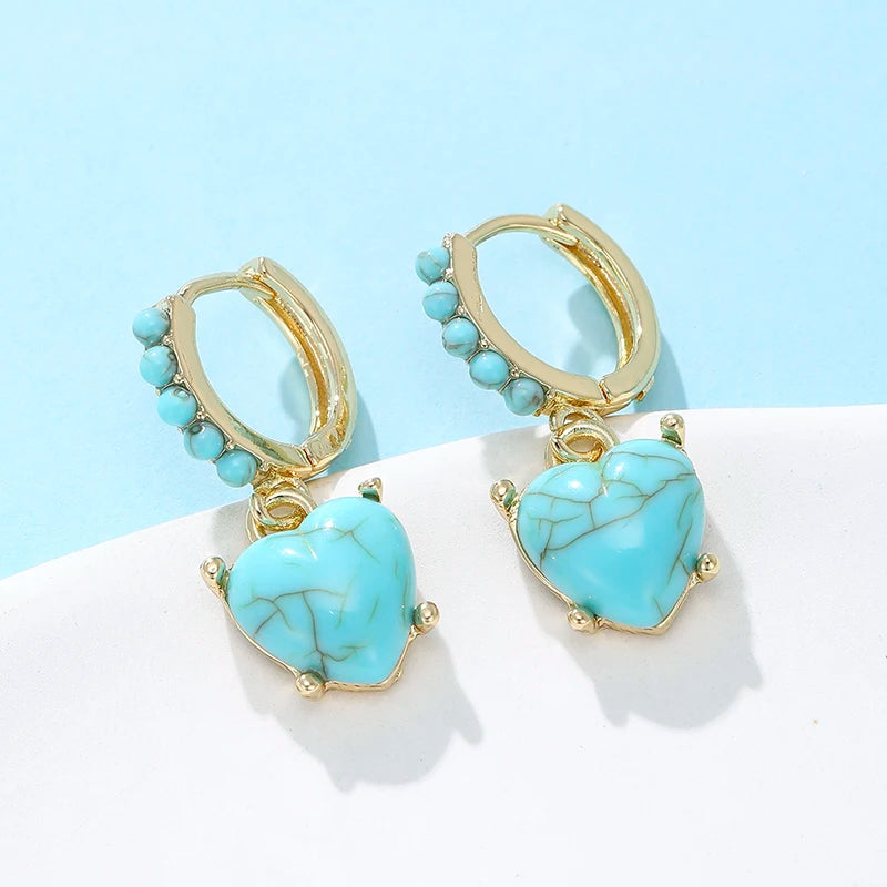 Vintage Imitation Turquoise Romantic Heart Shaped Dangle Earrings for Women's Fashion Festival Anniversary Jewelry Accessories