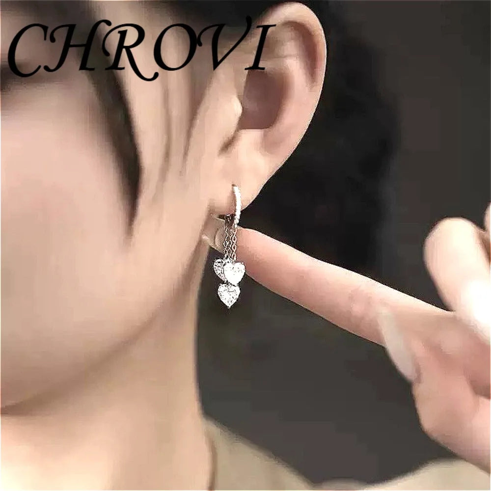 Light Luxury 925 Sterling Silver Sparkling Heart Tassel Fairy-Style Boutique Women's Earrings