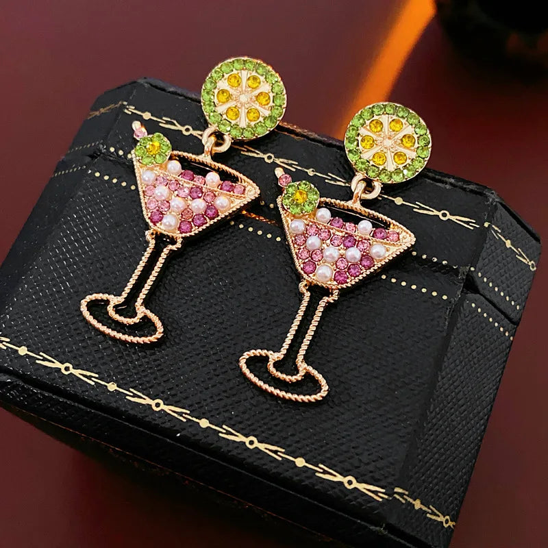 Vintage Lime Wine Glass Earrings for Women Temperament Light Luxury Inlaid Rhinestone Pearl Earring High-grade Sense Jewelry