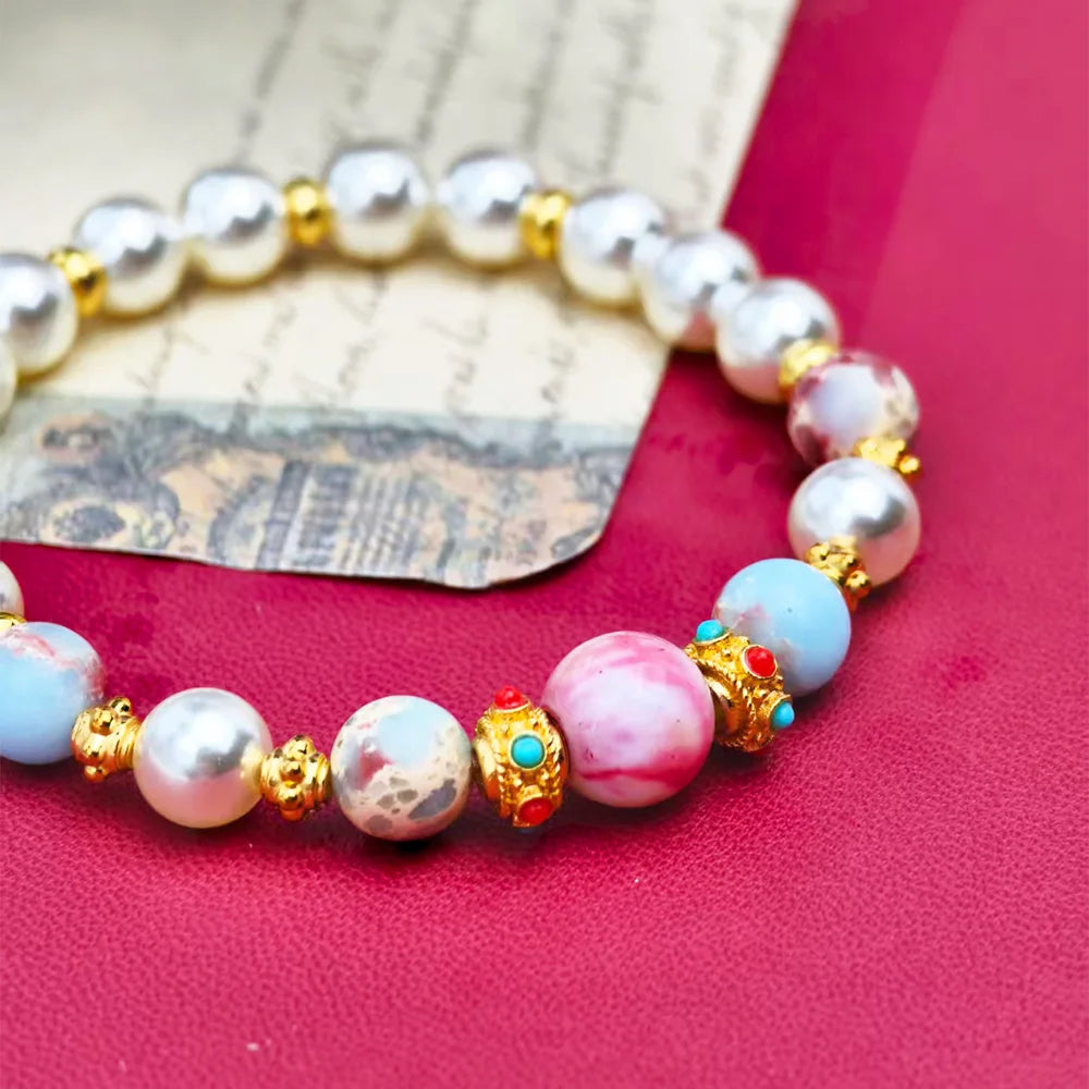 NEW White Pearl Natural Stone Beaded Bracelet for Women Golden Colorful Boho Bracelet Wedding Party Daily Wear Jewelry Gift