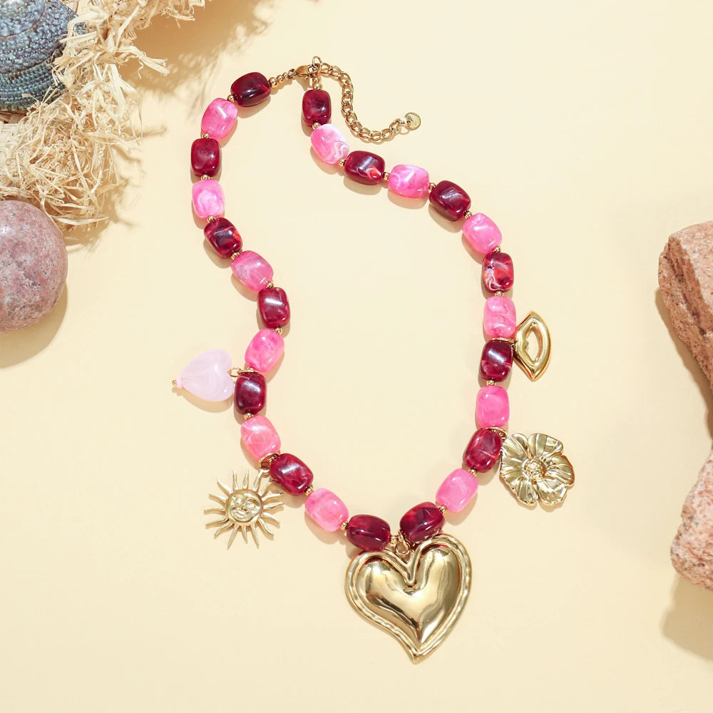 Badu Colorful Acrylic Beaded Choker Sun Heart Flower Pendants Necklace for Women Stainless Steel Fashion Jewelry Party Gifts