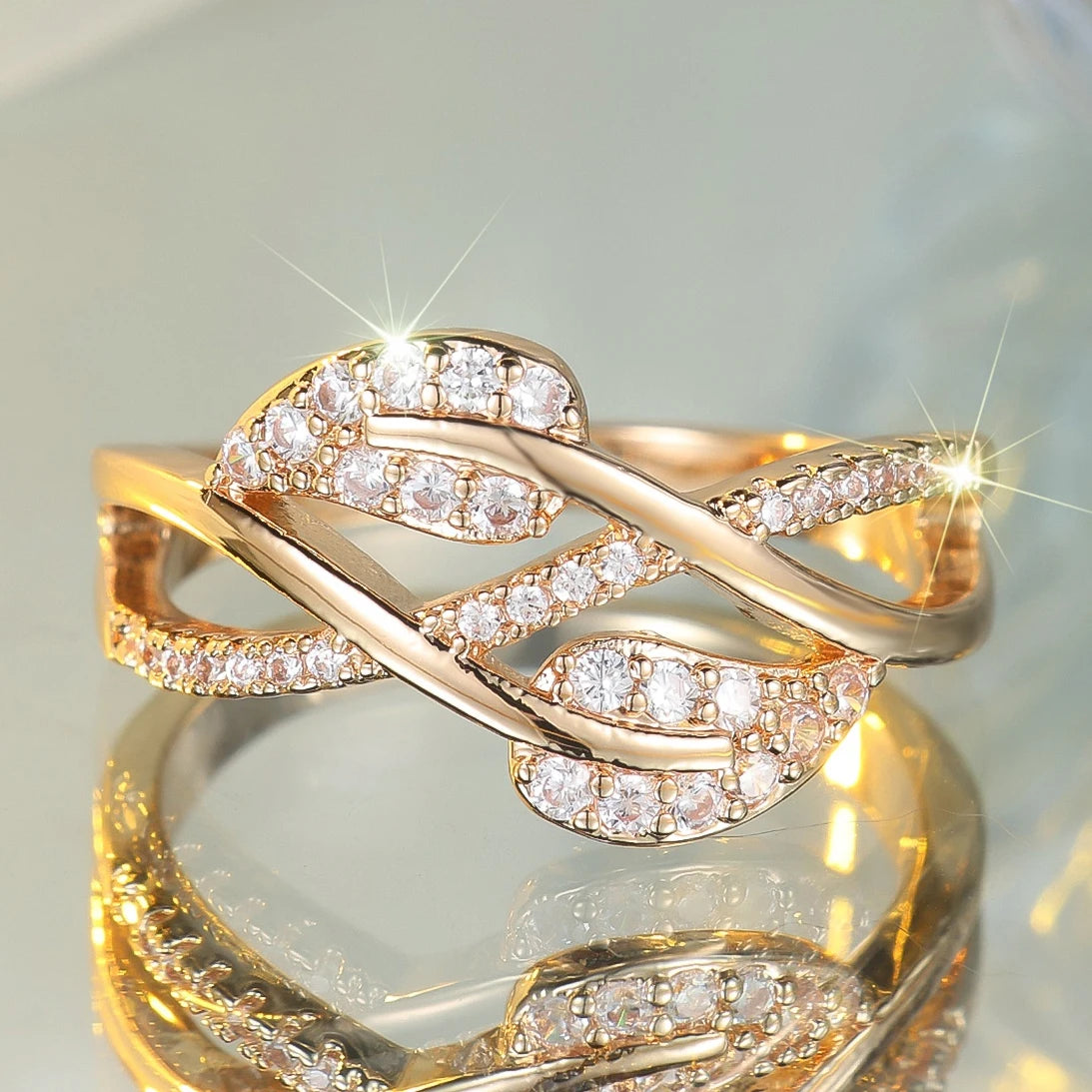 Cute Female White Zircon Stone Tree Leaf Ring Gold Color Engagement Charm Wedding Jewelry For Women