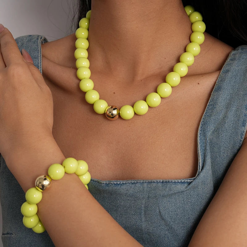 Colorful Acrylic Beads Choker Necklace and Bracelet Sets for Women Statement Jewelry Gift Accessories Fashion