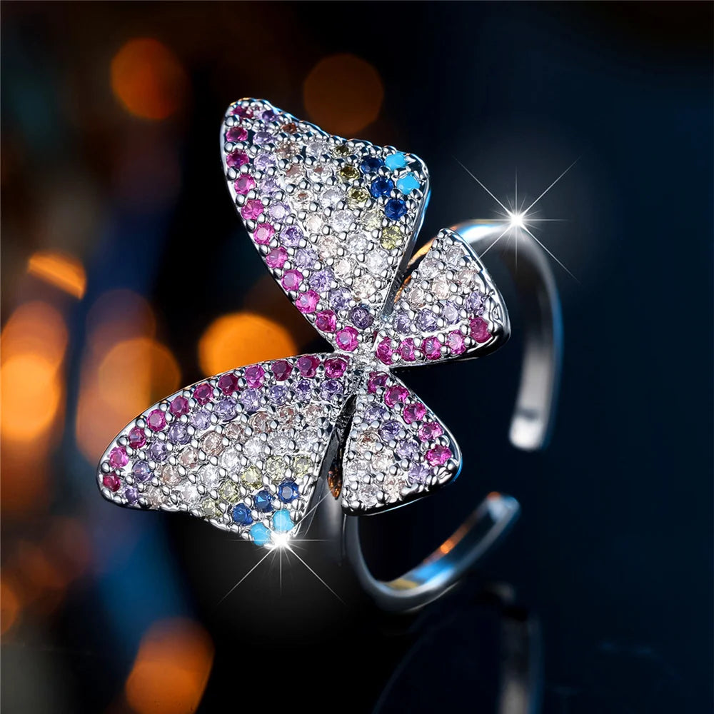 Charm Female Rainbow Butterfly Stone Adjustable Open Ring Gold Silver Color Cute Gift Wedding Jewelry For Women