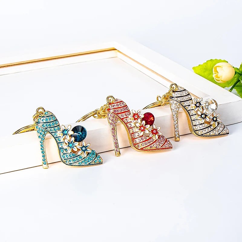 Elegant Flower High Heels Key Chain Women's Bag Pendant Alloy Rhinestone Car Key Ring Fashion Backpack Ornament