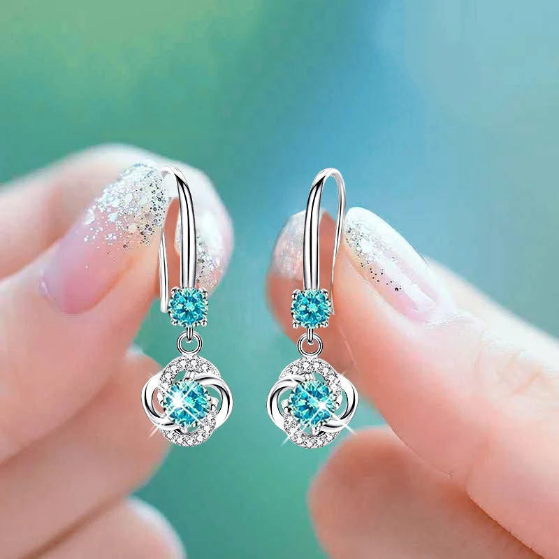 Boho Female Crystal Pink Blue White Drop Earrings Silver Color Zircon Stone Small Round Wedding Jewelry For Women