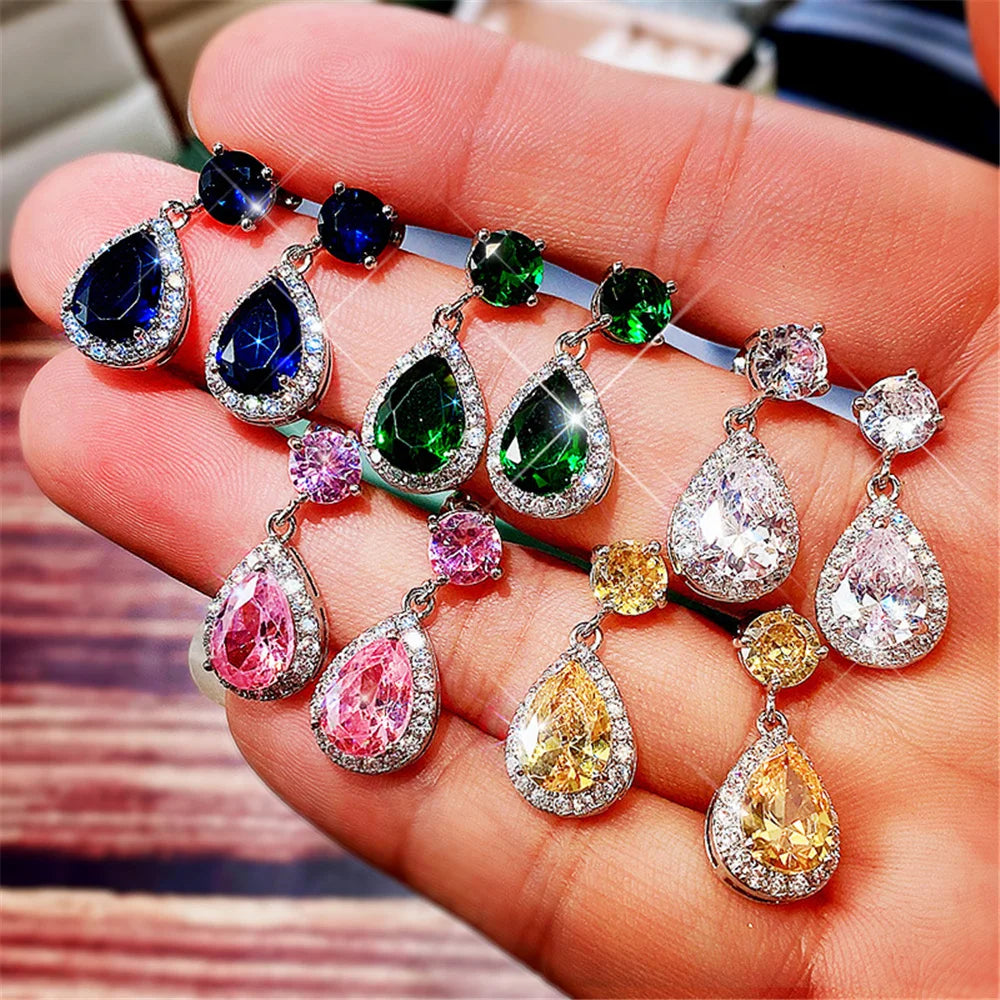 Luxury Female Blue Yellow White Zircon Stone Drop Dangle Earrings Cute Silver Color Party Jewelry For Women